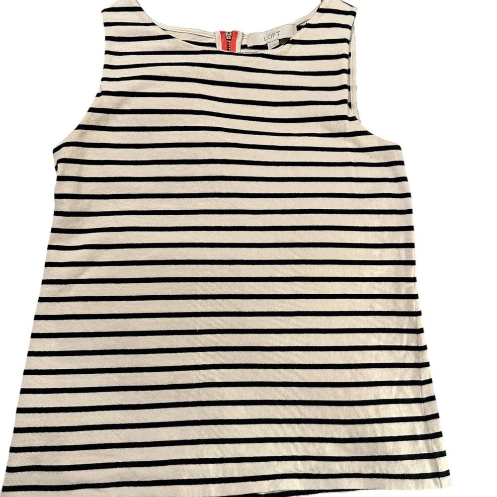 LOFT Cream and Black Striped Top with Red Accent